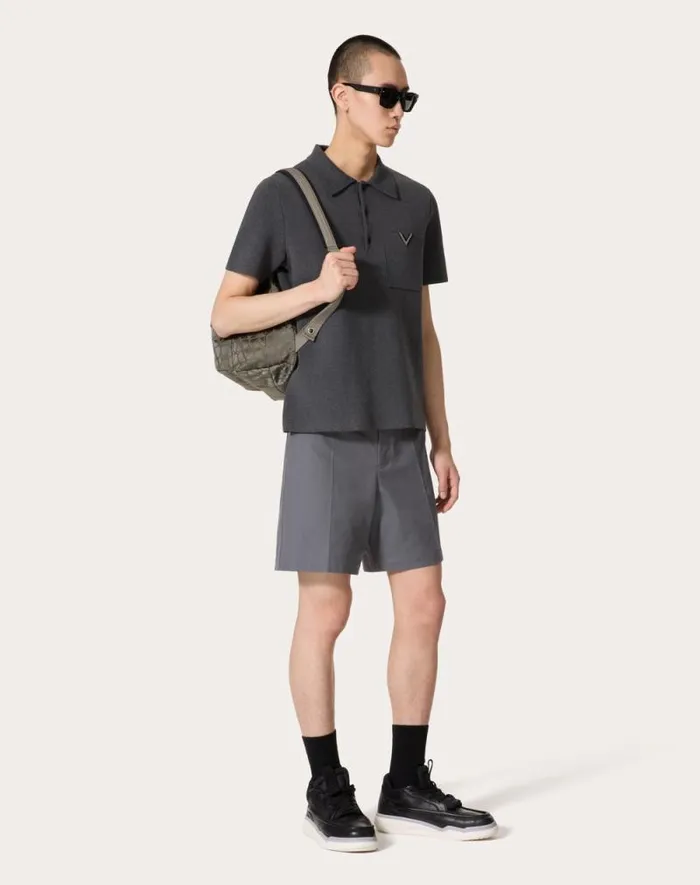 Valentino Pants And Shorts Man Stretch Cotton Canvas Bermuda Shorts With Rubberized V Detail For Man In Light Grey Light Grey Valentino Pants And Shorts Man Stretch Cotton Canvas Bermuda Shorts With Rubberized V Detail For Man In Light Grey Light Grey