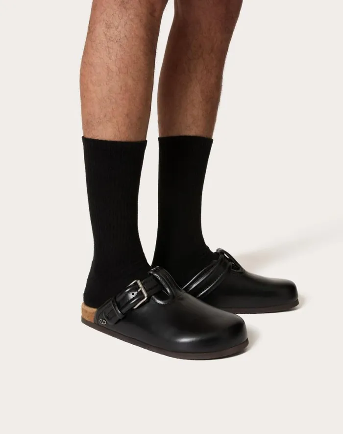 Valentino Sandals Man Fussfriend Calfskin Leather Sabot For Man In Black Black Valentino Sandals Man Fussfriend Calfskin Leather Sabot For Man In Black Black