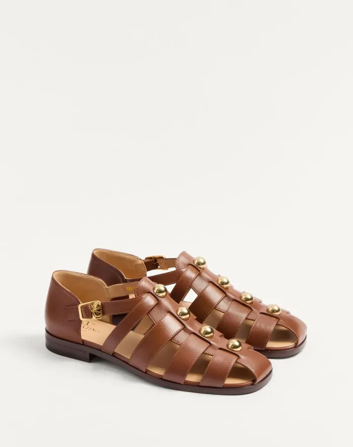 Valentino Sandals Man Studshield Fisherman Calfskin Sandal For Man In Tobacco Tobacco Valentino Sandals Man Studshield Fisherman Calfskin Sandal For Man In Tobacco Tobacco