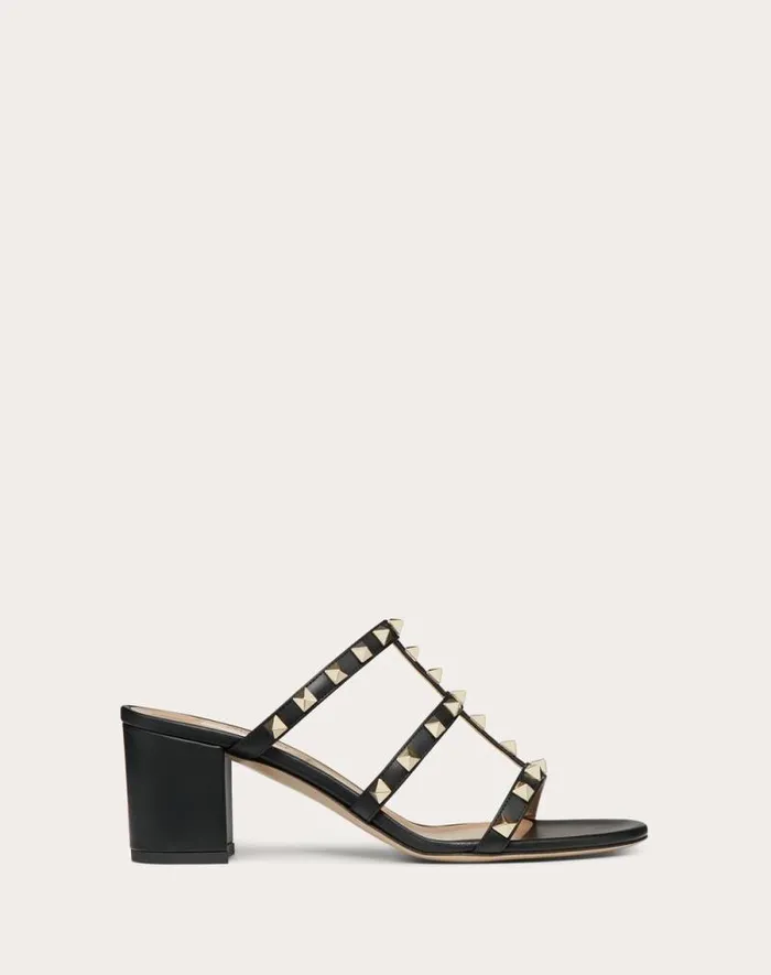 Valentino Sandals Woman Rockstud Calfskin Leather Slide Sandal 60 Mm For Woman In Black Black Valentino Sandals Woman Rockstud Calfskin Leather Slide Sandal 60 Mm For Woman In Black Black