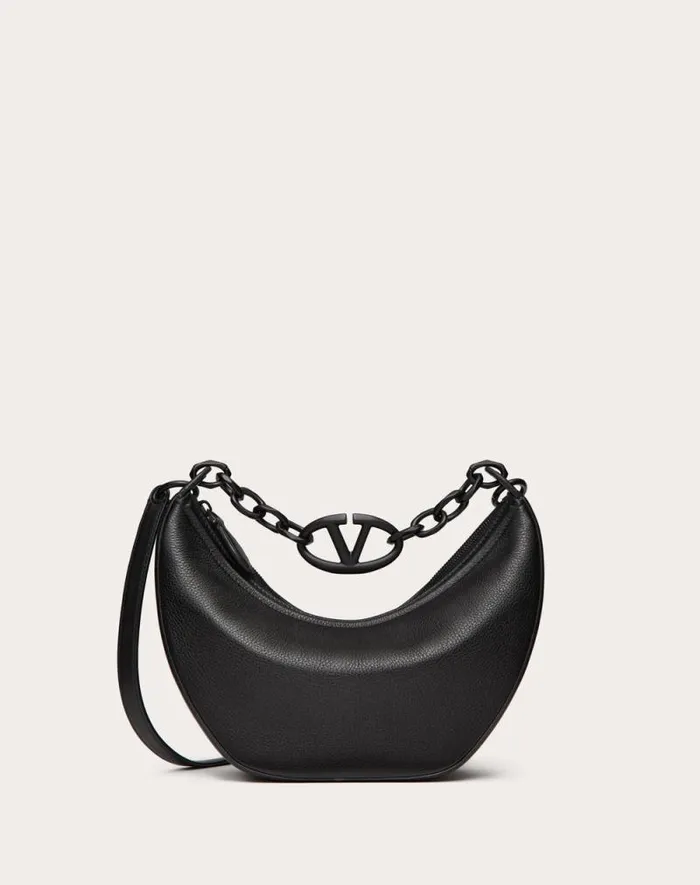 Valentino Shoulder Bags Woman Vlogo Moon Small Hobo Bag In Grainy Calfskin With Chain For Woman In Black Black Valentino Shoulder Bags Woman Vlogo Moon Small Hobo Bag In Grainy Calfskin With Chain For Woman In Black Black
