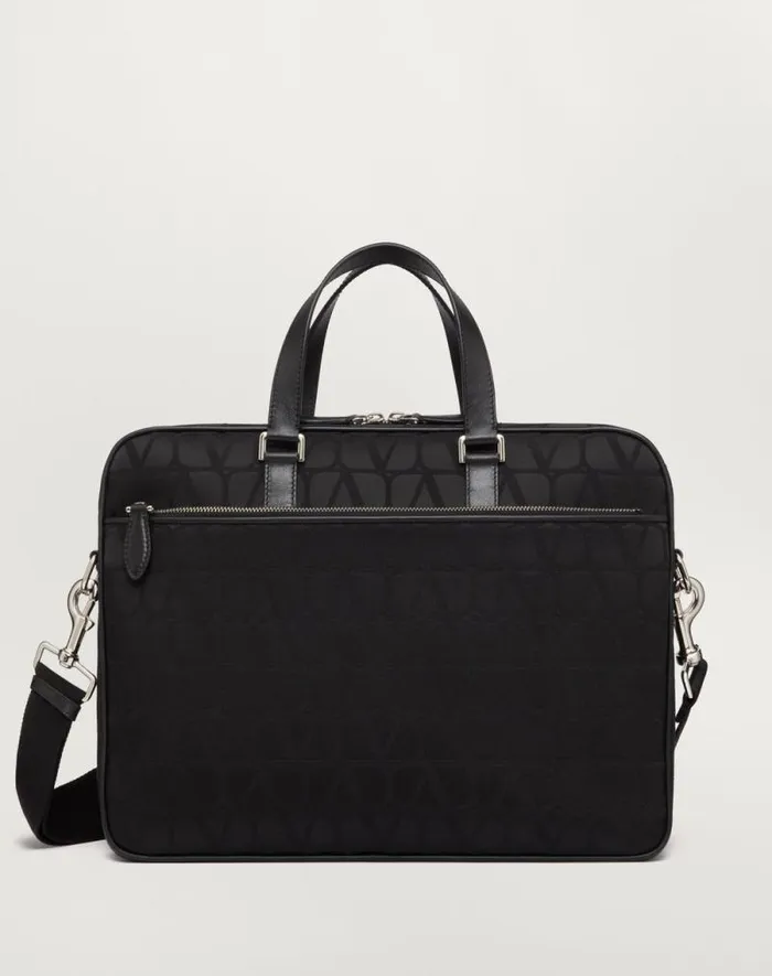 Valentino Totes Man Toile Iconographe Technical Fabric Work Bag With Leather Details For Man In Black Black Valentino Totes Man Toile Iconographe Technical Fabric Work Bag With Leather Details For Man In Black Black