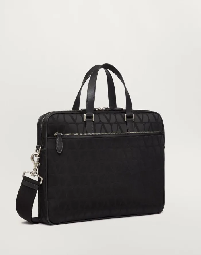 Valentino Totes Man Toile Iconographe Technical Fabric Work Bag With Leather Details For Man In Black Black Valentino Totes Man Toile Iconographe Technical Fabric Work Bag With Leather Details For Man In Black Black