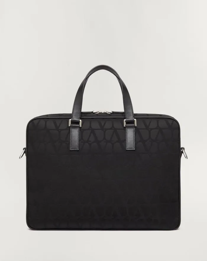 Valentino Totes Man Toile Iconographe Technical Fabric Work Bag With Leather Details For Man In Black Black Valentino Totes Man Toile Iconographe Technical Fabric Work Bag With Leather Details For Man In Black Black