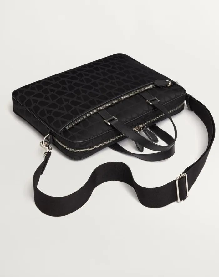 Valentino Totes Man Toile Iconographe Technical Fabric Work Bag With Leather Details For Man In Black Black Valentino Totes Man Toile Iconographe Technical Fabric Work Bag With Leather Details For Man In Black Black