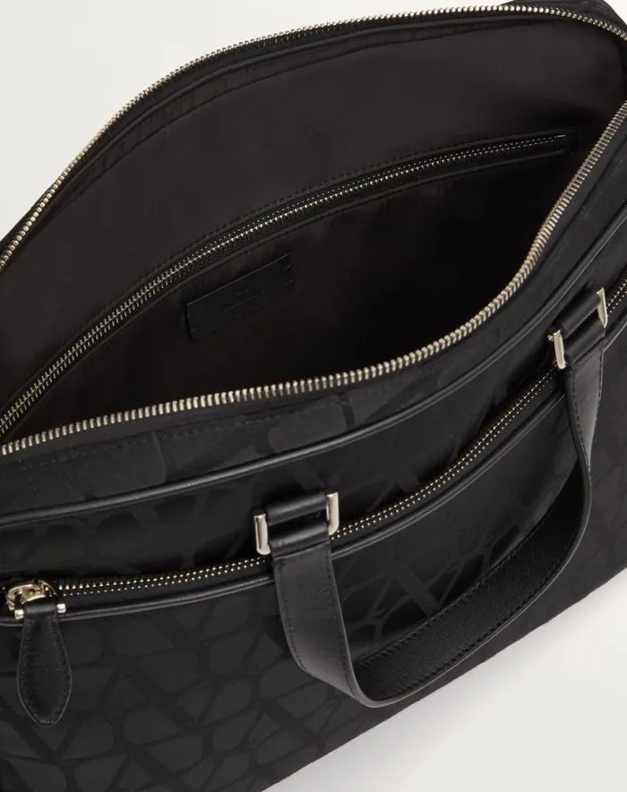 Valentino Totes Man Toile Iconographe Technical Fabric Work Bag With Leather Details For Man In Black Black Valentino Totes Man Toile Iconographe Technical Fabric Work Bag With Leather Details For Man In Black Black
