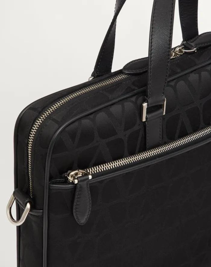Valentino Totes Man Toile Iconographe Technical Fabric Work Bag With Leather Details For Man In Black Black Valentino Totes Man Toile Iconographe Technical Fabric Work Bag With Leather Details For Man In Black Black