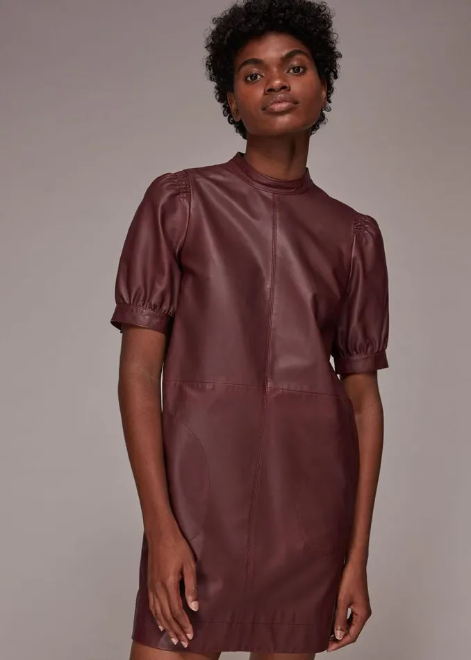 Whistles Dresses Burgundy Puff Sleeve Leather Dress 8211 Women