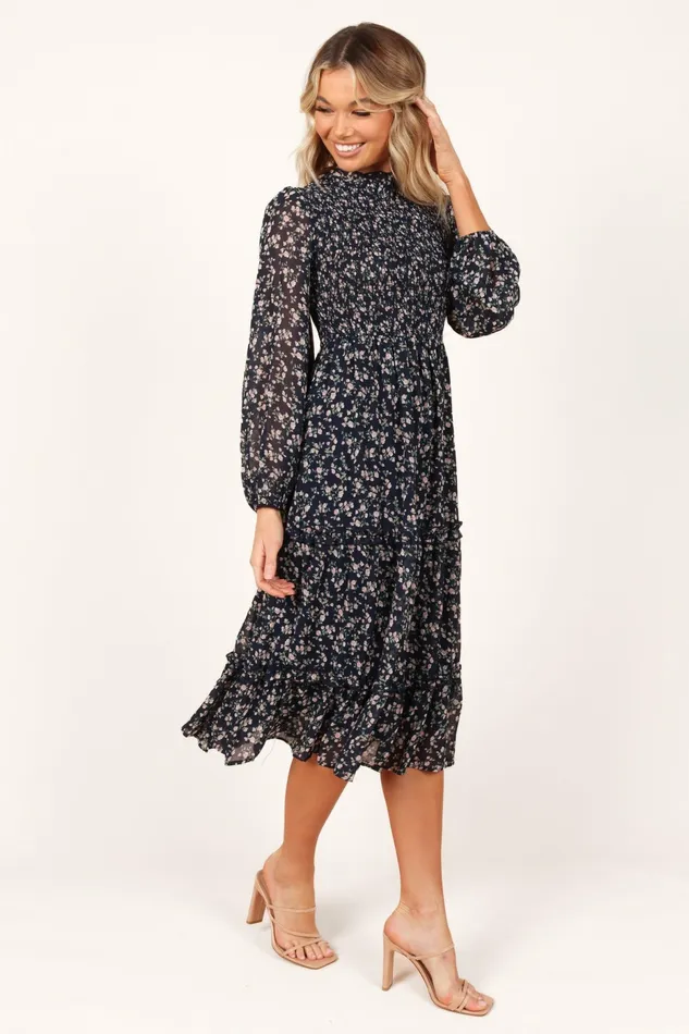 Winter Dresses Women Edwina Shirred Frill Long Sleeve Midi Dress Navy Floral Petal and Pup