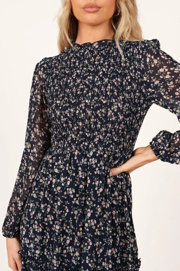 Winter Dresses Women Edwina Shirred Frill Long Sleeve Midi Dress Navy Floral Petal and Pup