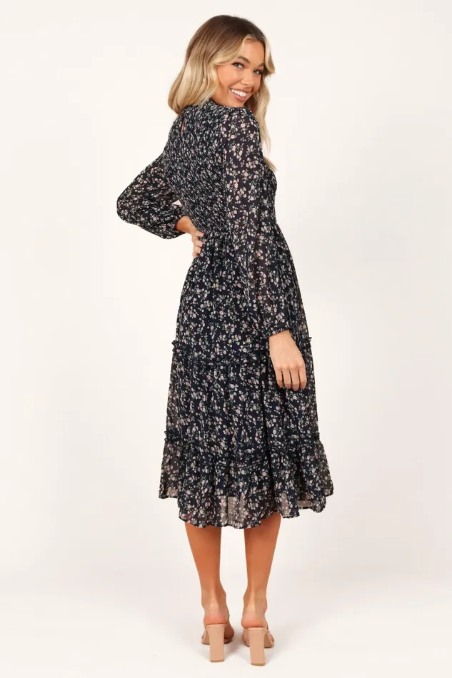 Winter Dresses Women Edwina Shirred Frill Long Sleeve Midi Dress Navy Floral Petal and Pup