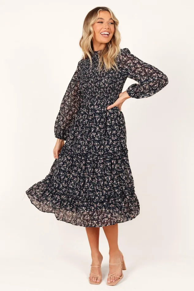 Winter Dresses Women Edwina Shirred Frill Long Sleeve Midi Dress Navy Floral Petal and Pup