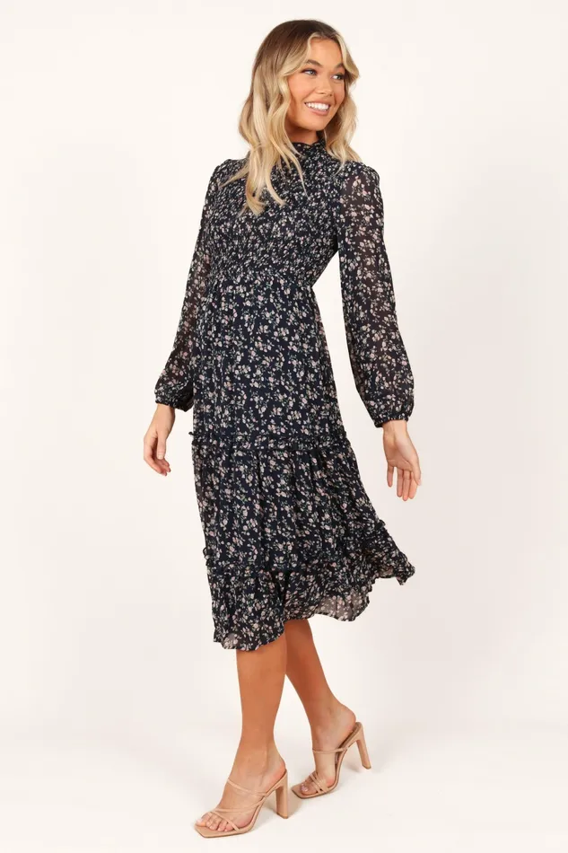 Winter Dresses Women Edwina Shirred Frill Long Sleeve Midi Dress Navy Floral Petal and Pup