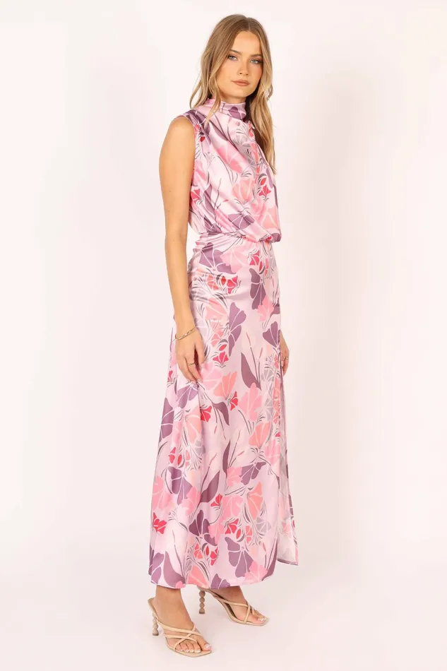 Women Amelia Halterneck Maxi Dress Pink Floral Satin Dresses Petal and Pup