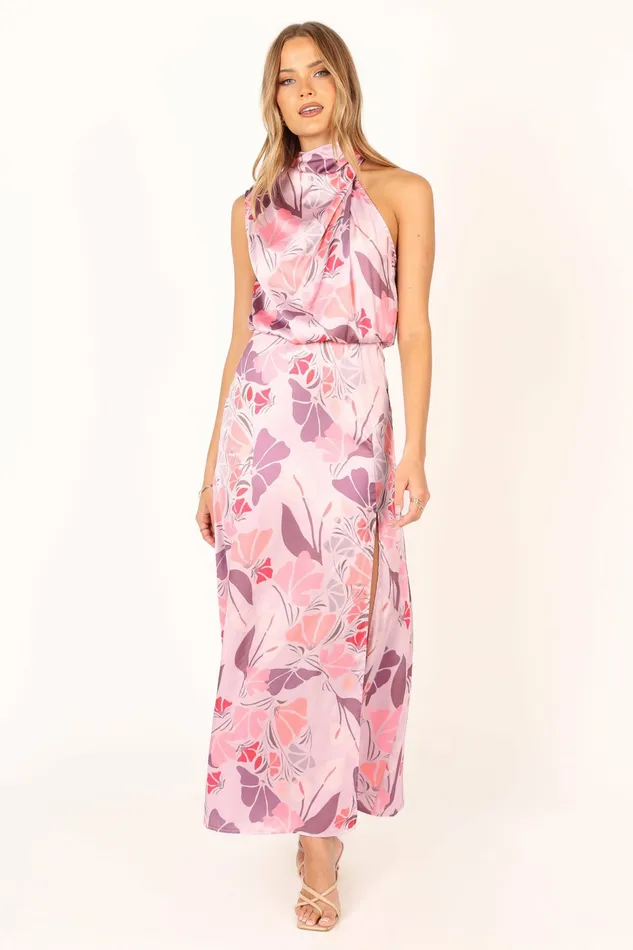 Women Amelia Halterneck Maxi Dress Pink Floral Satin Dresses Petal and Pup