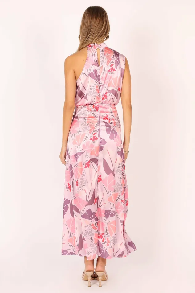 Women Amelia Halterneck Maxi Dress Pink Floral Satin Dresses Petal and Pup