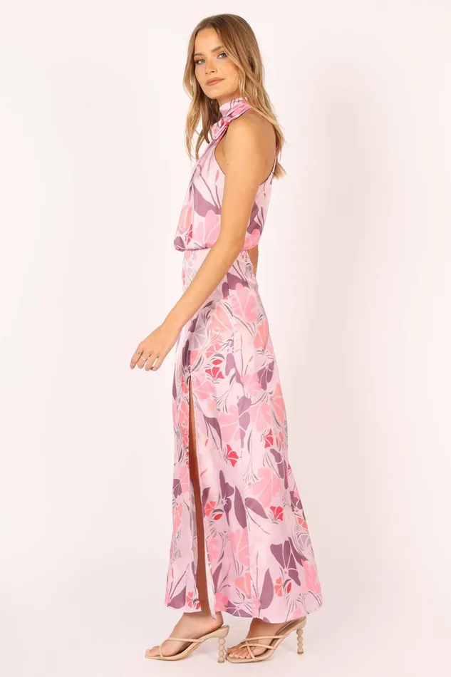 Women Amelia Halterneck Maxi Dress Pink Floral Satin Dresses Petal and Pup