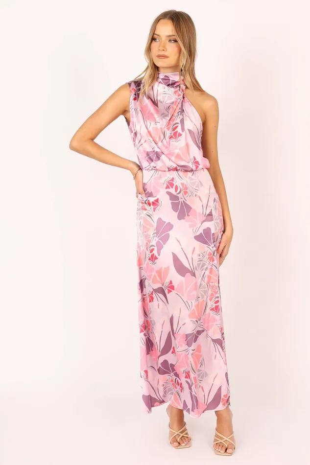 Women Amelia Halterneck Maxi Dress Pink Floral Satin Dresses Petal and Pup