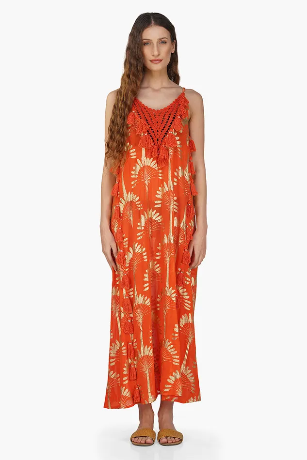 Women America and Beyond Sunset Palm Foil Tassel Maxi Dress Dresses
