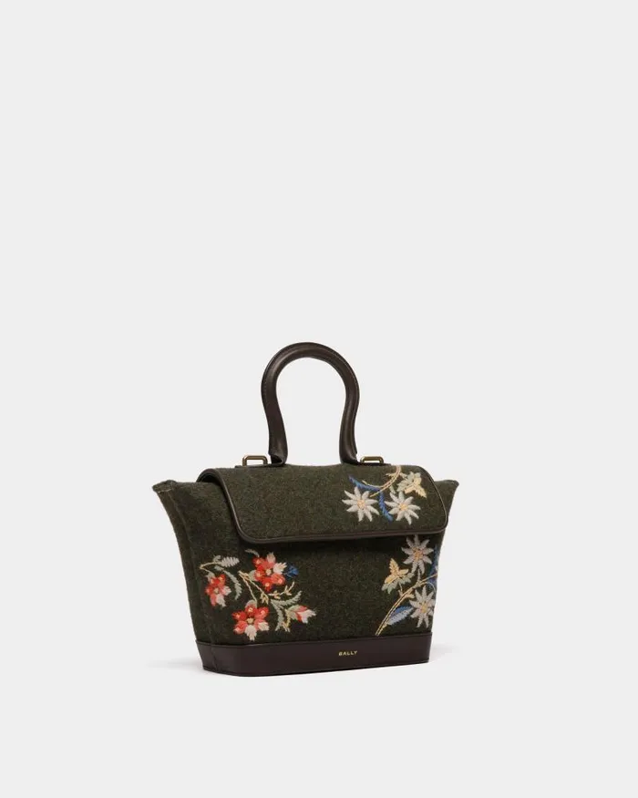 Women Bally Crossbody Bags Winter Capsule Top Handle Bag In Dark Green Wool And Ebano Leather With Alpine Flowers Green Women Bally Crossbody Bags Winter Capsule Top Handle Bag In Dark Green Wool And Ebano Leather With Alpine Flowers Green