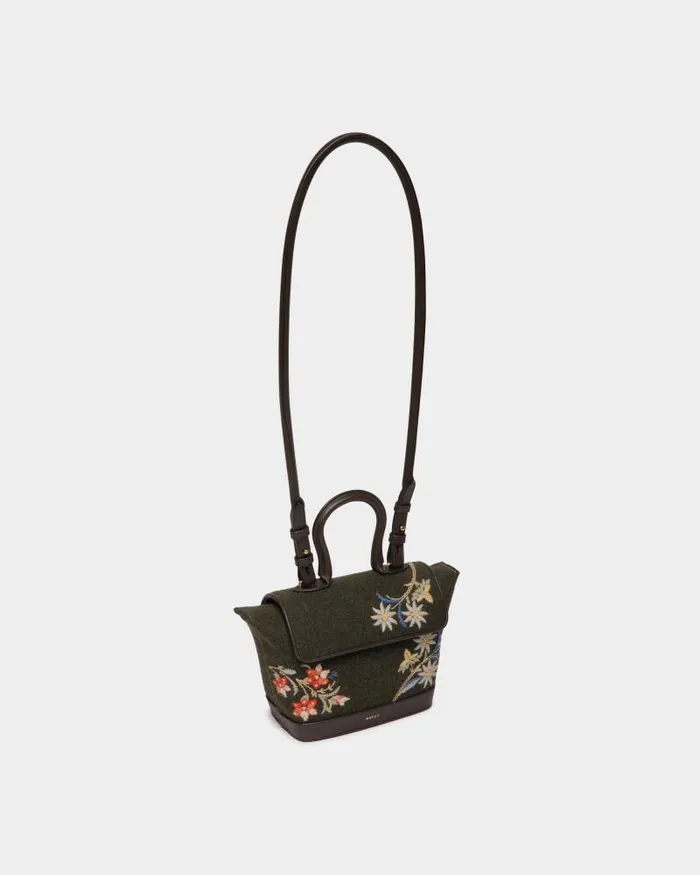 Women Bally Crossbody Bags Winter Capsule Top Handle Bag In Dark Green Wool And Ebano Leather With Alpine Flowers Green Women Bally Crossbody Bags Winter Capsule Top Handle Bag In Dark Green Wool And Ebano Leather With Alpine Flowers Green