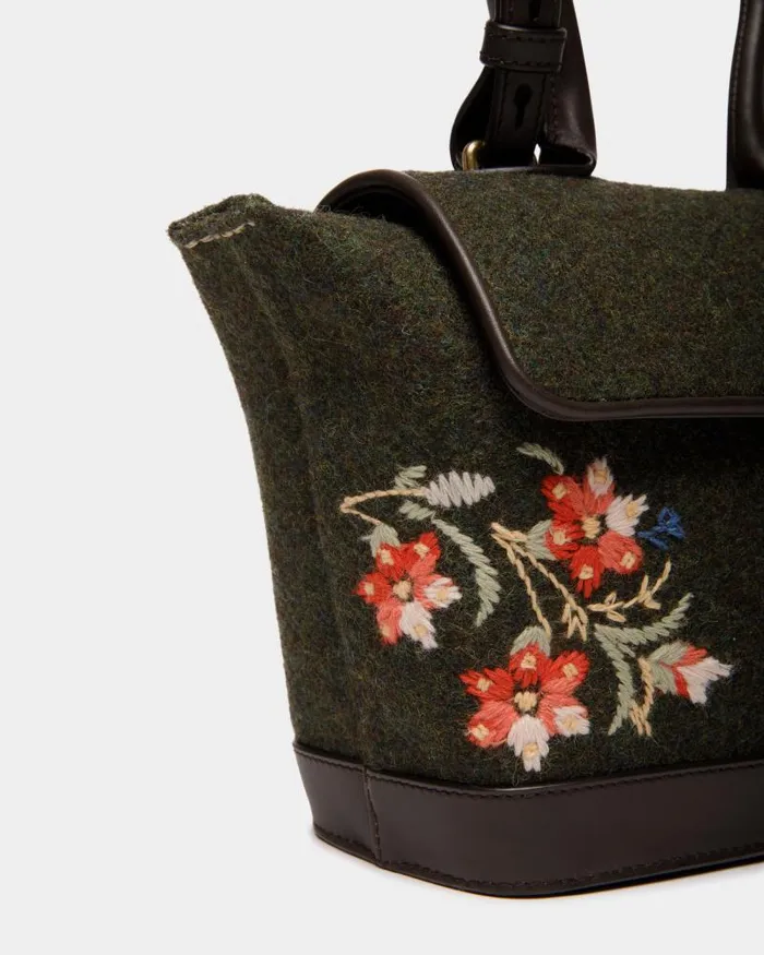 Women Bally Crossbody Bags Winter Capsule Top Handle Bag In Dark Green Wool And Ebano Leather With Alpine Flowers Green Women Bally Crossbody Bags Winter Capsule Top Handle Bag In Dark Green Wool And Ebano Leather With Alpine Flowers Green