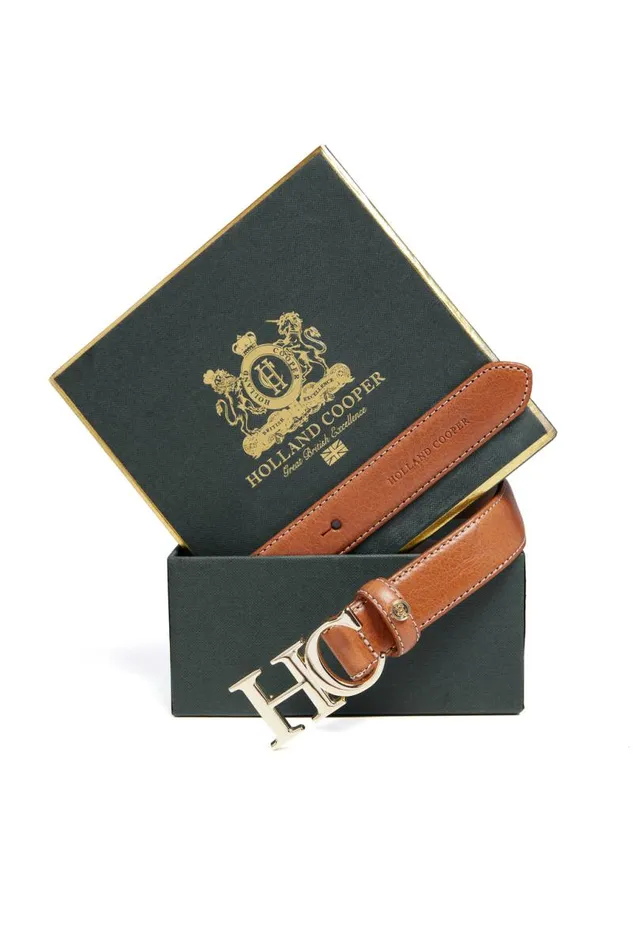 Women Belts Holland Cooper Atelier Slim Logo Belt Tan Contrast