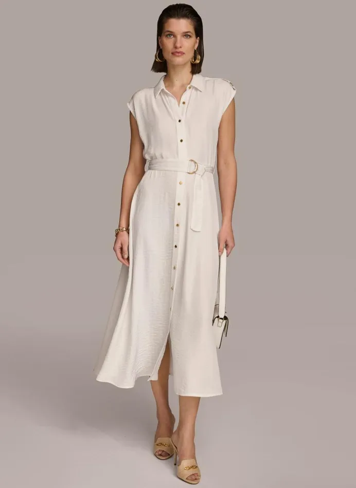 Women BUTTON FRONT BELTED DRESS Cream Donna Karan New York Dresses And Jumpsuits Women BUTTON FRONT BELTED DRESS Cream Donna Karan New York Dresses And Jumpsuits