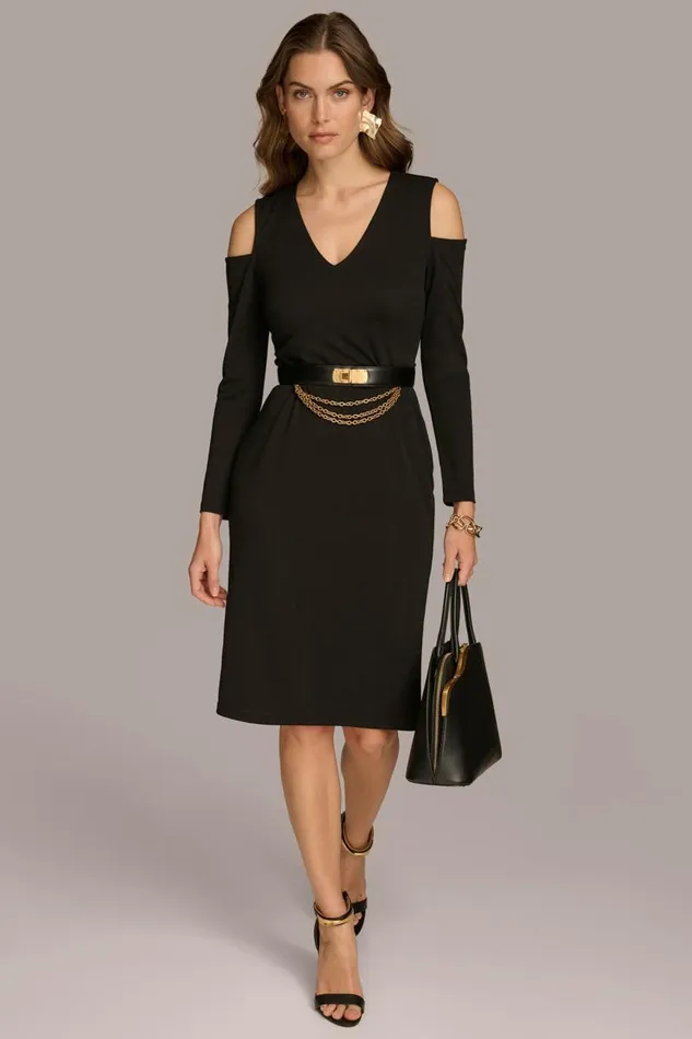 Women COLD SHOULDER DRESS WITH CHAIN BELT Black Donna Karan New York Dresses And Jumpsuits Women COLD SHOULDER DRESS WITH CHAIN BELT Black Donna Karan New York Dresses And Jumpsuits