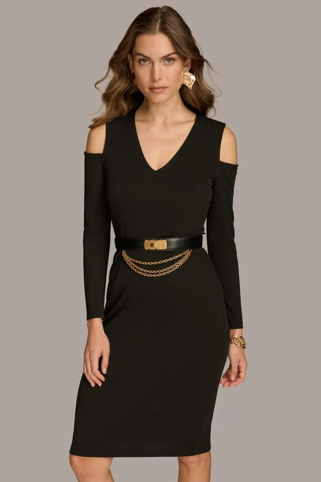 Women COLD SHOULDER DRESS WITH CHAIN BELT Black Donna Karan New York Dresses And Jumpsuits Women COLD SHOULDER DRESS WITH CHAIN BELT Black Donna Karan New York Dresses And Jumpsuits