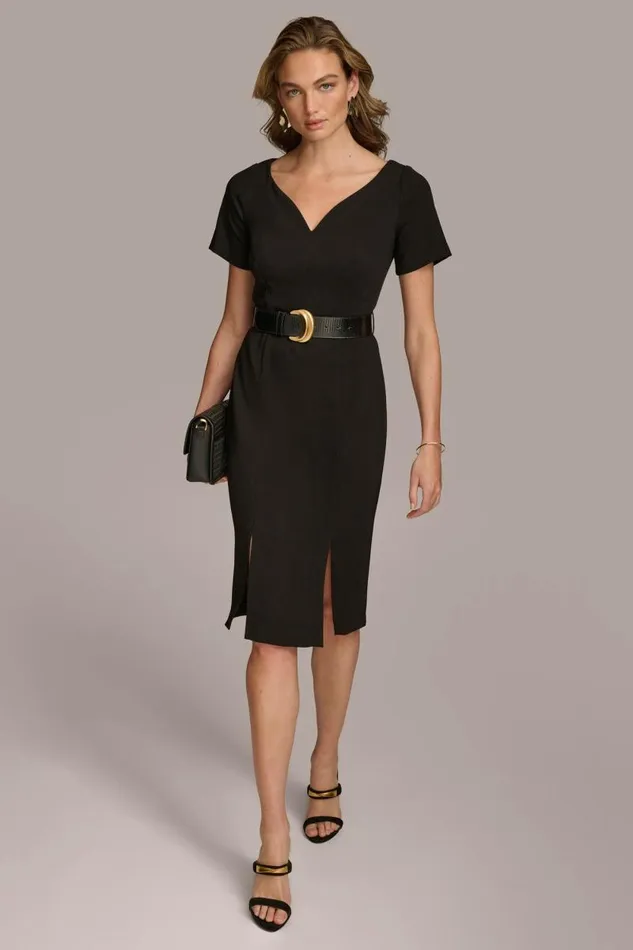 Women CREPE VNECK DRESS WITH BELT Black Donna Karan New York Dresses And Jumpsuits