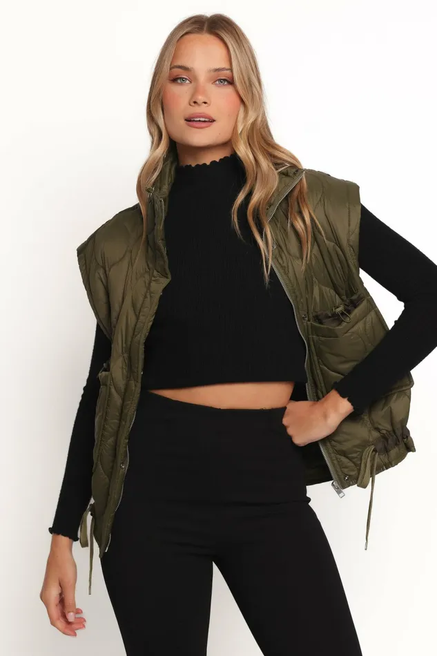 Women Haven Zip Front Puff Vest Olive Jackets and Coats Petal and Pup