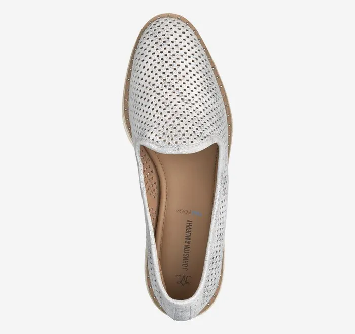 Women Johnston and Murphy Mules and Loafers Mitzi Perfed Venetian Light Silver Metallic Kid Suede Women Johnston and Murphy Mules and Loafers Mitzi Perfed Venetian Light Silver Metallic Kid Suede