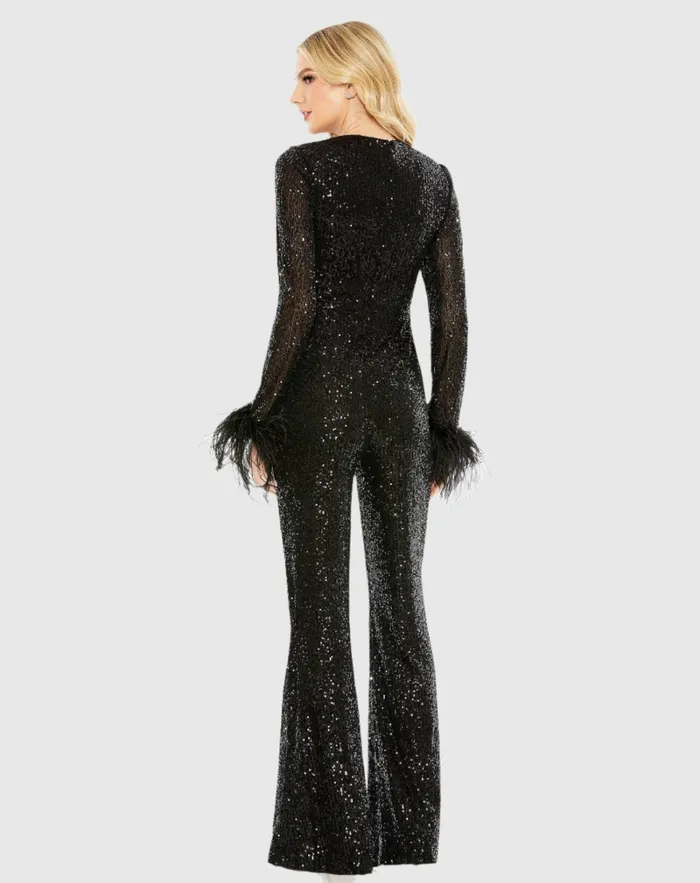 Women Jumpsuits and Rompers Mac Duggal Feather Cuff Sequined V Neck Jumpsuit Black Women Jumpsuits and Rompers Mac Duggal Feather Cuff Sequined V Neck Jumpsuit Black