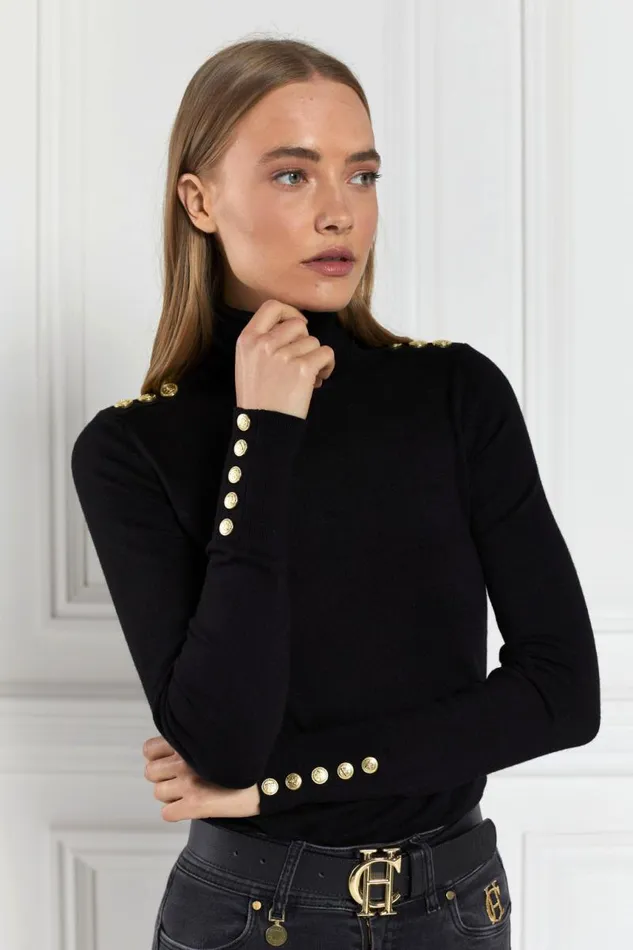 Women Knitwear Holland Cooper Buttoned Knit Roll Neck Black Women Knitwear Holland Cooper Buttoned Knit Roll Neck Black