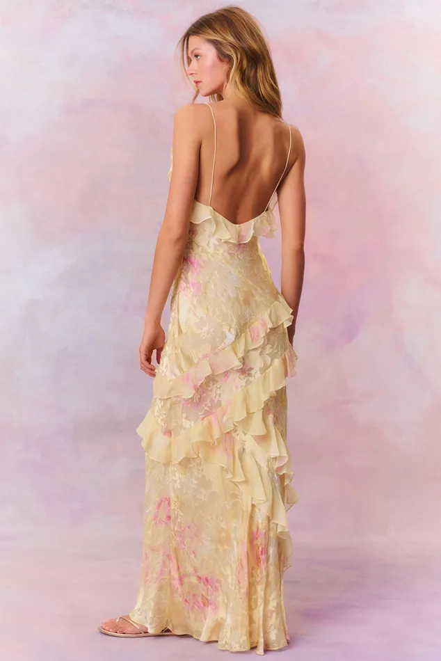 Women LoveShackFancy Dresses Rialto Floral Chiffon Maxi Dress Yellow Melon