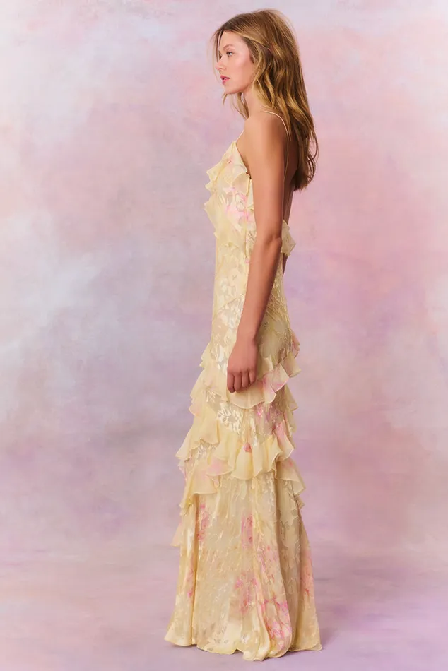 Women LoveShackFancy Dresses Rialto Floral Chiffon Maxi Dress Yellow Melon
