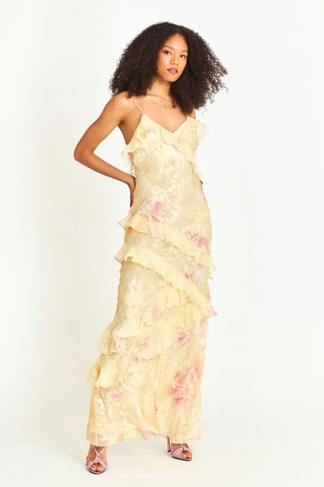 Women LoveShackFancy Dresses Rialto Floral Chiffon Maxi Dress Yellow Melon