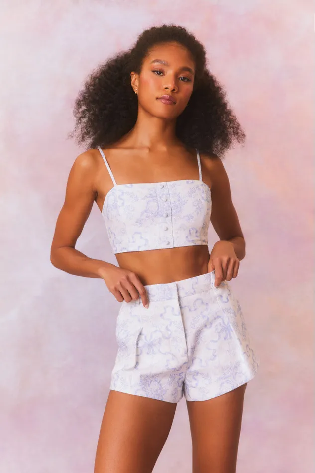 Women LoveShackFancy Pants and Shorts Lacette Cotton Bow Print Shorts Blissful Blue