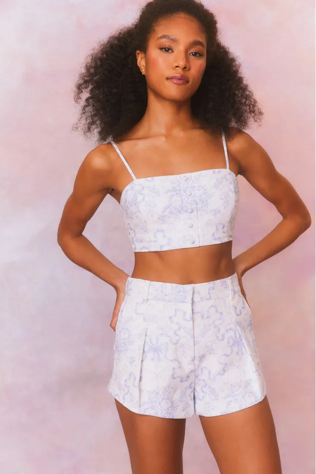 Women LoveShackFancy Pants and Shorts Lacette Cotton Bow Print Shorts Blissful Blue