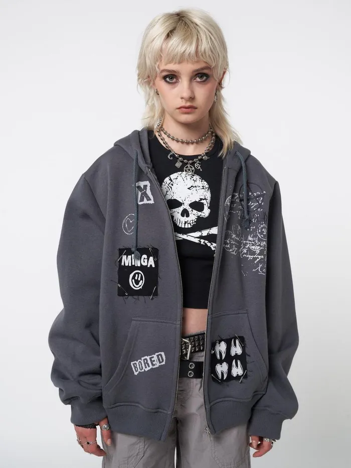 Women Minga London Jackets and Cardigans Billie Patch Prints Zip Up Hoodie