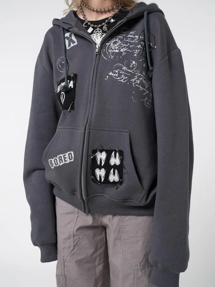 Women Minga London Jackets and Cardigans Billie Patch Prints Zip Up Hoodie