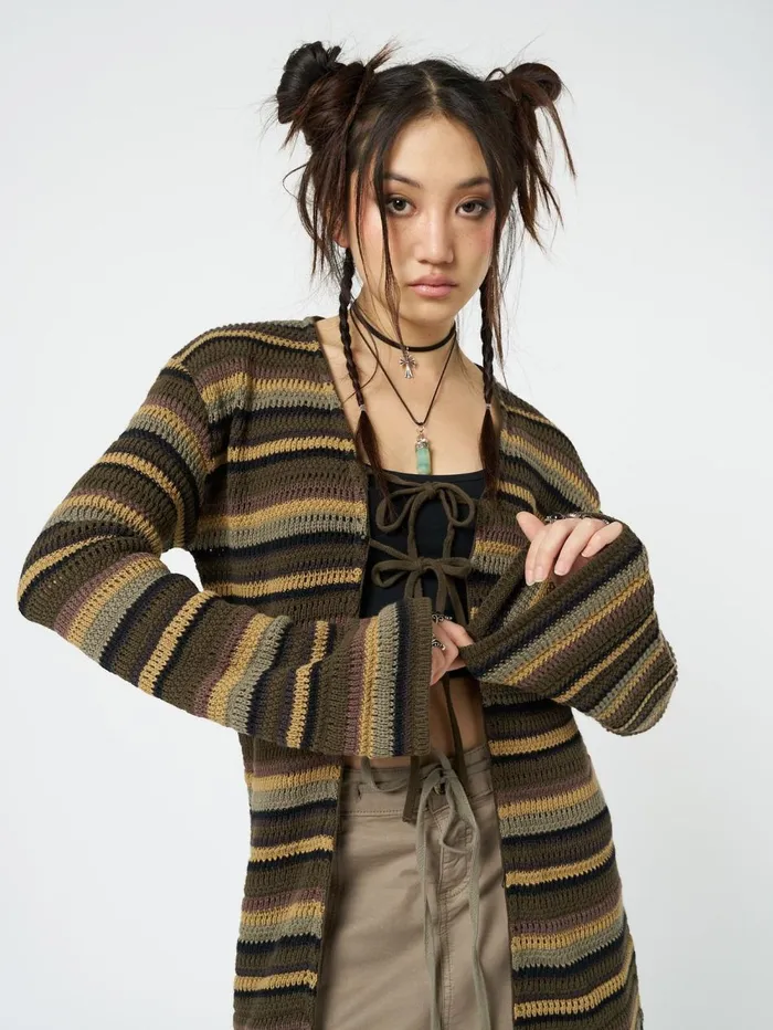 Women Minga London Jackets and Cardigans Luna Forest Stripes Tie Front Knit Cardigan