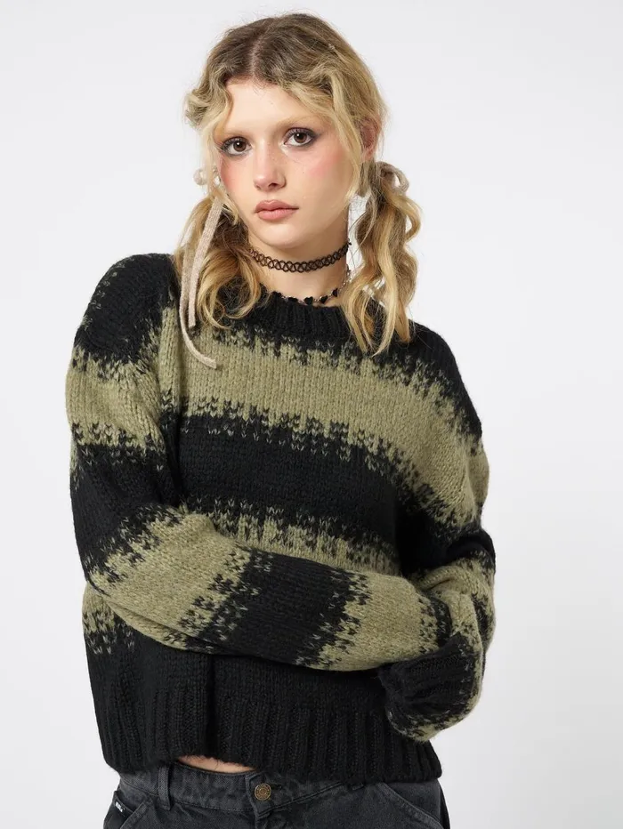 Women Minga London Knitwear Clara Green Cropped Striped Knit Sweater