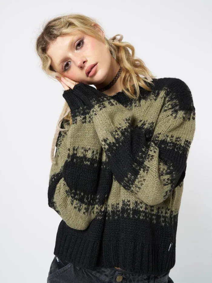 Women Minga London Knitwear Clara Green Cropped Striped Knit Sweater