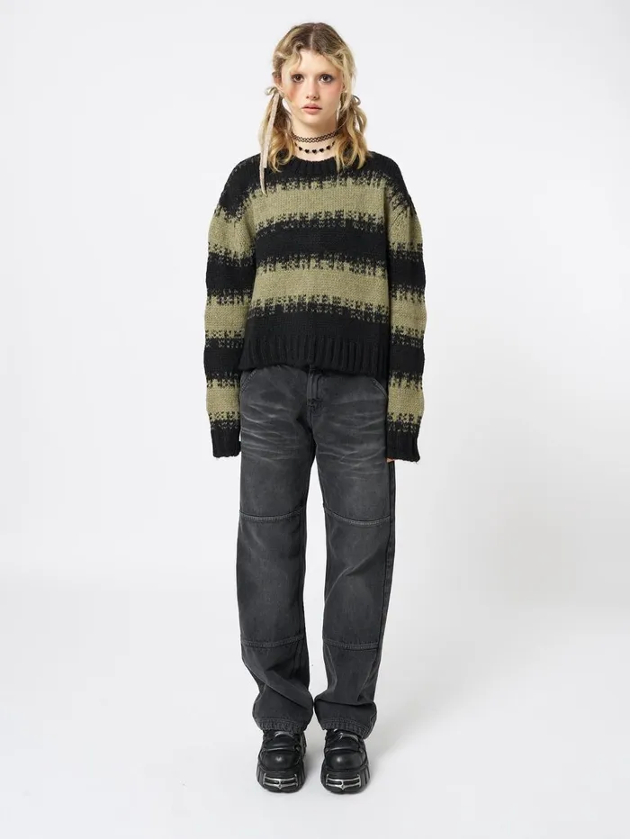 Women Minga London Knitwear Clara Green Cropped Striped Knit Sweater