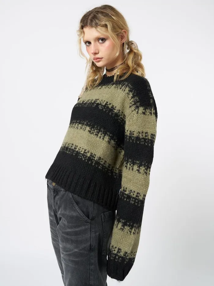 Women Minga London Knitwear Clara Green Cropped Striped Knit Sweater