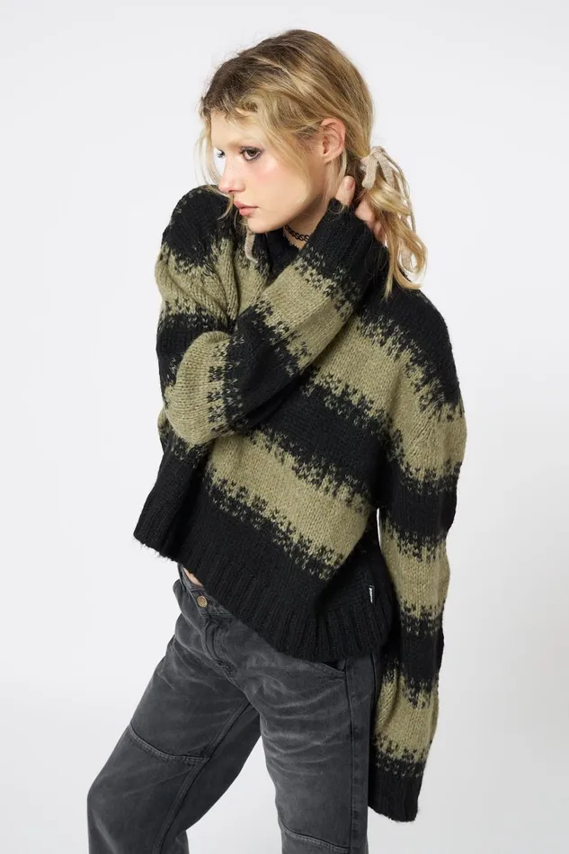 Women Minga London Knitwear Clara Green Cropped Striped Knit Sweater