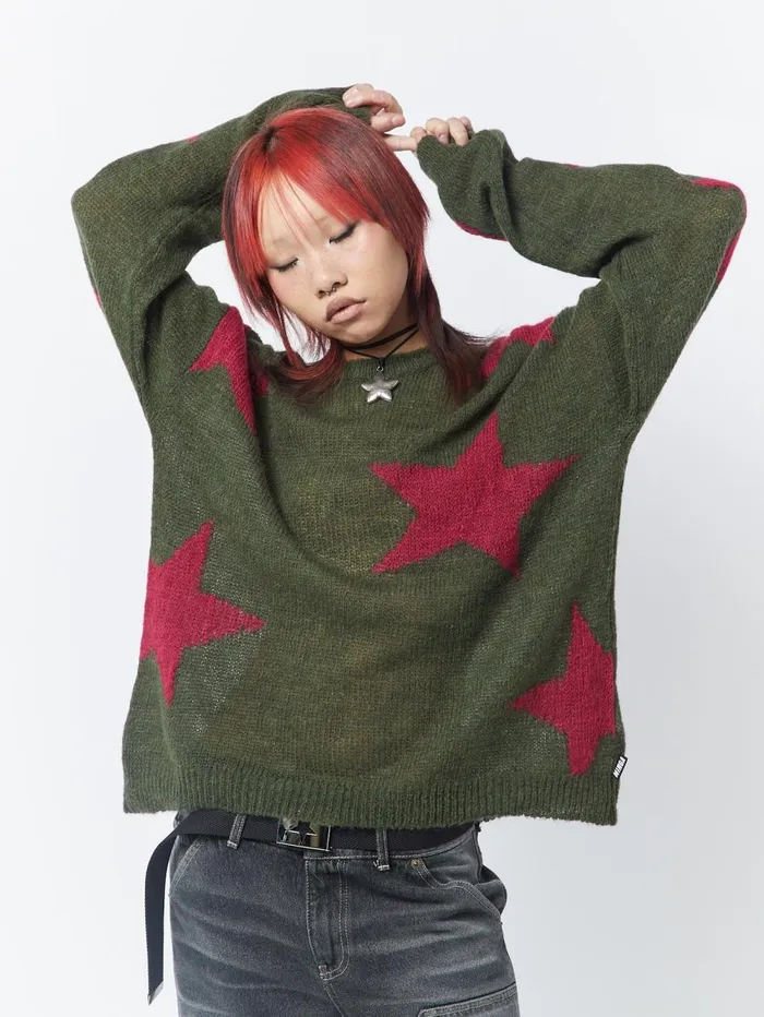 Women Minga London Sweaters and Hoodies Interstellar Star Pink Khaki Knit Sweater
