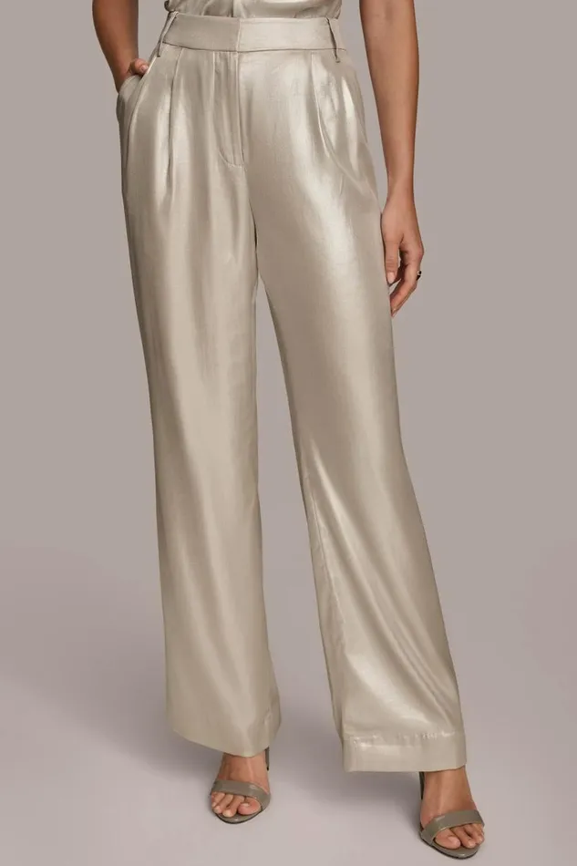 Women NOVELTY PLEATED WIDE LEG TROUSER Silver Donna Karan New York Pants